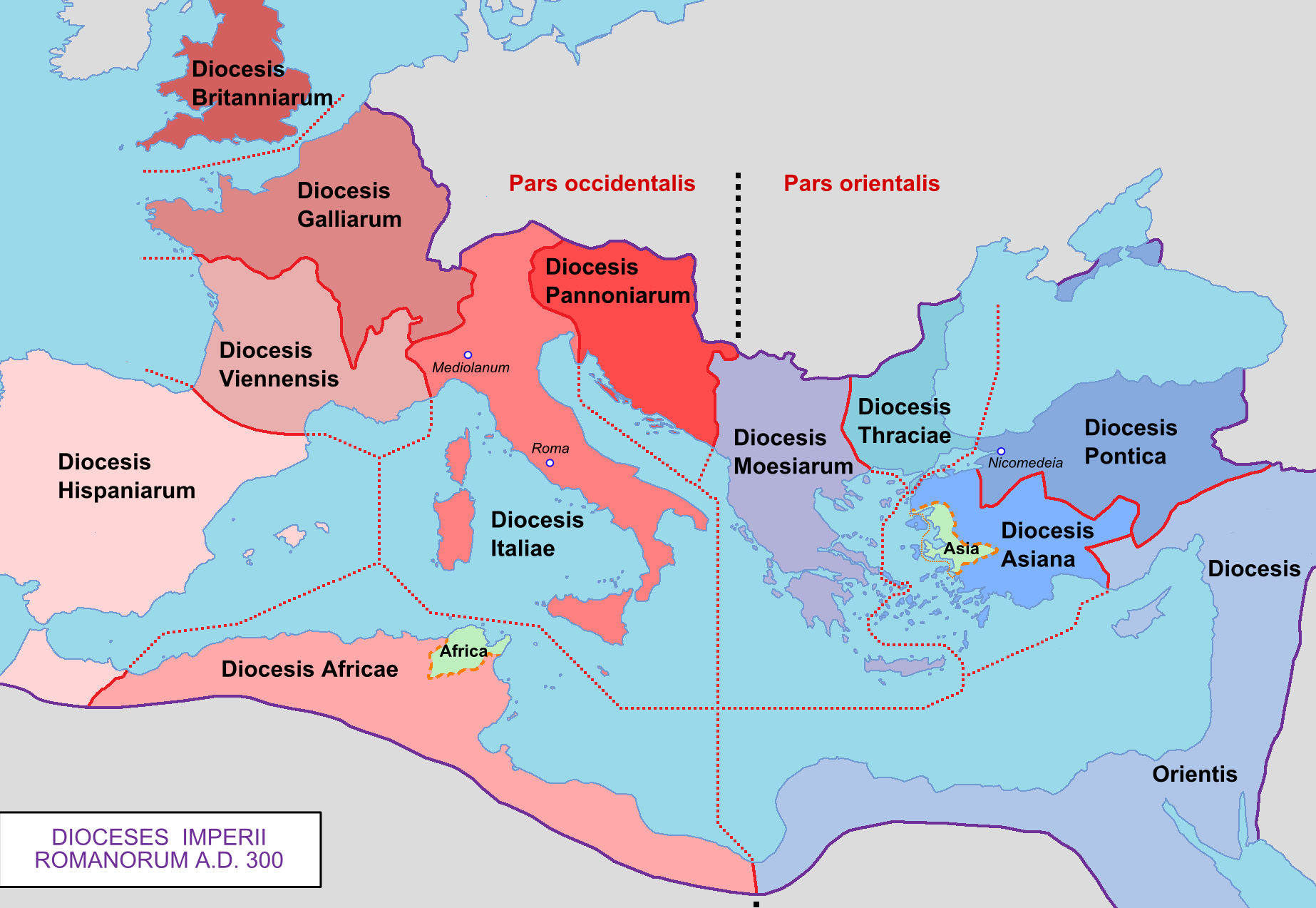 Mapa de las provincias de Diocleciano: división y organización del Imperio Romano.